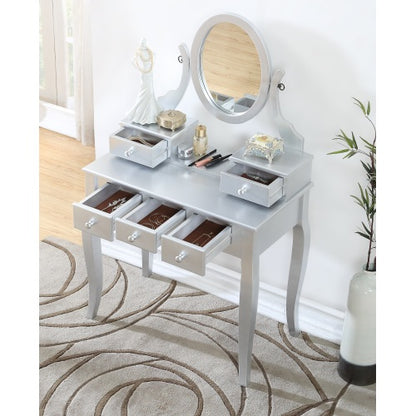 Silver Wood Makeup Vanity Table and Stool Set, 5 Lined Drawers, Adjustable Mirror, 32 inch W
