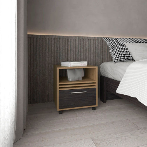 Natural Oak & Black Rolling Nightstand