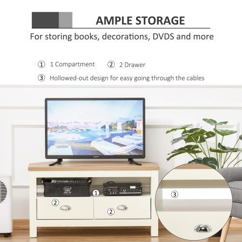 37.5 Inch White Trapezoidal Corner TV Stand for 50 Inch TV with Drawers & Open Compartment