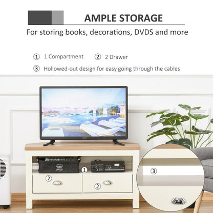 37.5 Inch White Trapezoidal Corner TV Stand for 50 Inch TV with Drawers & Open Compartment