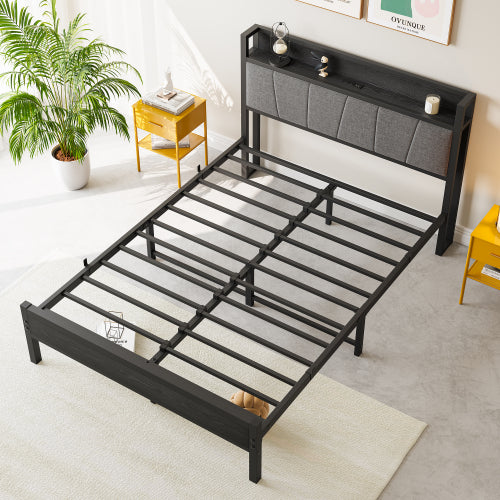 Full Size Bed Frame, Storage Headboard with Charging Station, Solid and Stable, No Box Spring Needed, Easy Assembly