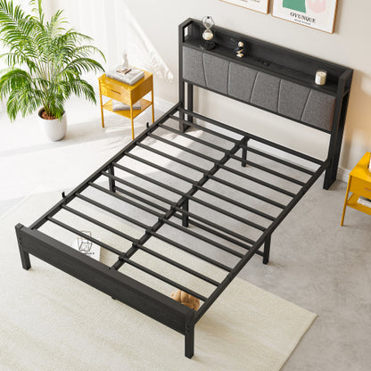 Full Size Bed Frame, Storage Headboard with Charging Station, Solid and Stable, No Box Spring Needed, Easy Assembly