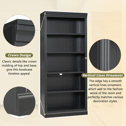 Black 5-Tier Tall Bookshelf With USB LED Light Strip Adjustable Home Display Rack
