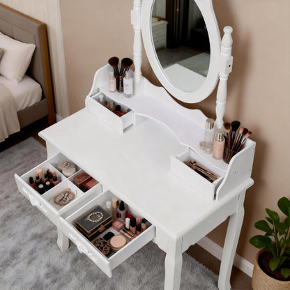 White Princess Vanity Desk Set with Mirror & Cushioned Stool, 4-Drawer Wooden Makeup Vanity Table for Girls' Bedroom, Dressing Table with Ample Storage