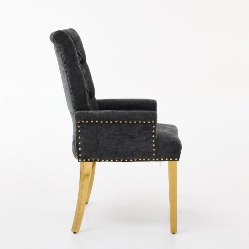 Single Black Tufted High-Back Chenille Arm Dining Chair, Nailhead Trim, S-Spring Cushion, Polished Stainless Steel Legs