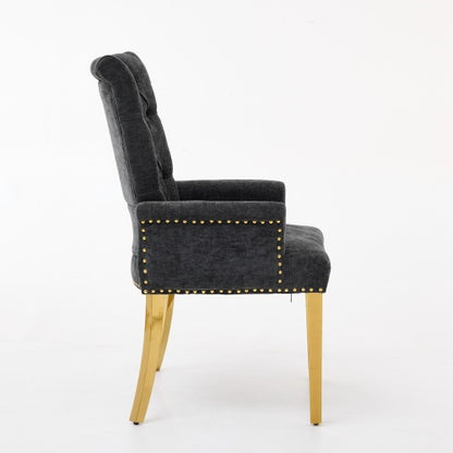 Single Black Tufted High-Back Chenille Arm Dining Chair, Nailhead Trim, S-Spring Cushion, Polished Stainless Steel Legs