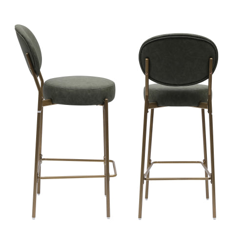 29inch  H Seat Height Upholstered Bar Stools Set of 2 Faux Leather Counter Dining Stool with Golden Legs Modern Round Kitchen Chairs (Green)