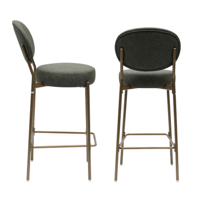 29inch  H Seat Height Upholstered Bar Stools Set of 2 Faux Leather Counter Dining Stool with Golden Legs Modern Round Kitchen Chairs (Green)