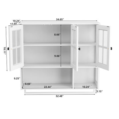 Bathroom Wall Cabinet, 3-Door Wooden Wall Cabinet with Open and Hidden Storage Space, Medicine Cabinet with Glass Door and Towel Bar for Entryway Living Room Bathroom Dining Room,White