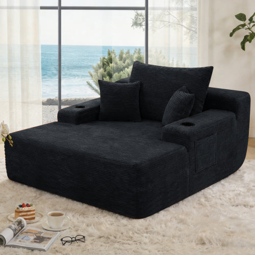 Black Convertible Corduroy Boneless Chaise Lounge Sleeper Sofa-Bed Wide Armrest Cup-Holder & Throw Pillows No-Assembly