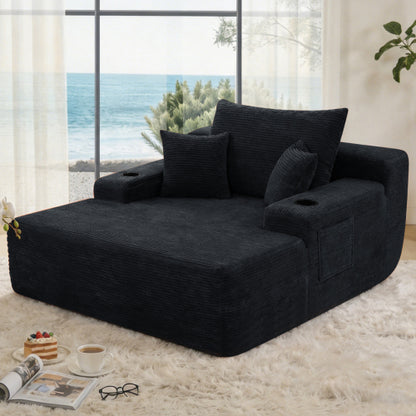 Black Convertible Corduroy Boneless Chaise Lounge Sleeper Sofa-Bed Wide Armrest Cup-Holder & Throw Pillows No-Assembly