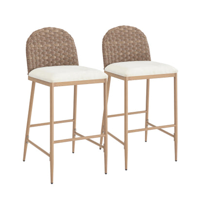 29.5inch Farmhouse Barstools Set of 2,Upholstered  Armless Iron Counter Stools with rattan Backrest for Kitchen Dining Island Table,Brown+Beige