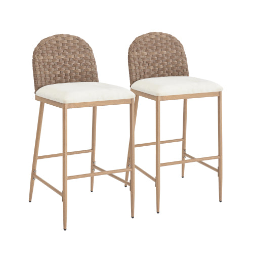 29.5inch Farmhouse Barstools Set of 2,Upholstered  Armless Iron Counter Stools with rattan Backrest for Kitchen Dining Island Table,Brown+Beige