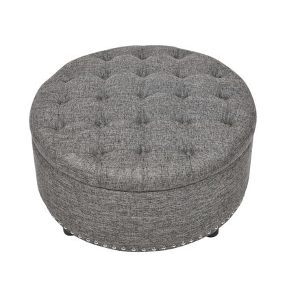 Ottoman Tufted Storage Ottoman with Linen Upholstery and Nailhead Trim