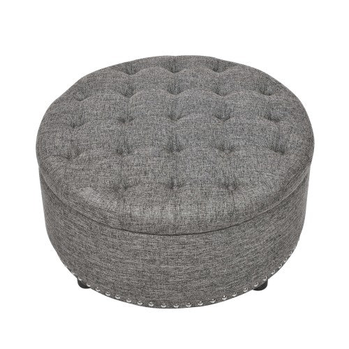 Ottoman Tufted Storage Ottoman with Linen Upholstery and Nailhead Trim