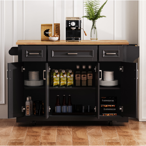 54 Inch Rolling Kitchen Island with Drop Leaf Drawers & Wheels Black