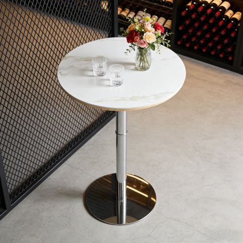 Rock slab circular tabletop non adjustable (39 inches high) bar table, bar table with silver legs and base (white)