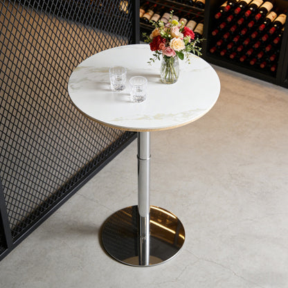 Rock slab circular tabletop non adjustable (39 inches high) bar table, bar table with silver legs and base (white)