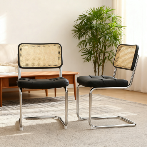 Dining Chairs Set of 2, Faux Leather Rattan Side Accent Chairs with Chrome Legs, Modern Mid Century Breuer Designed Chairs, Black