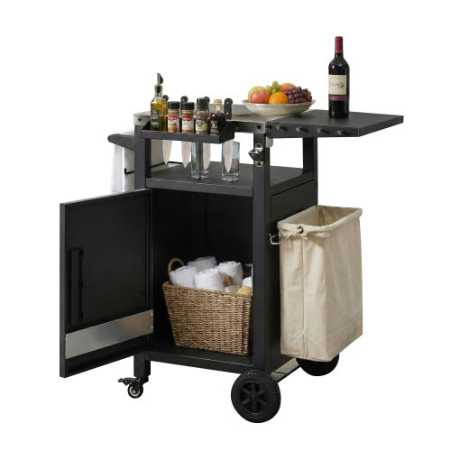 33.9 inch Outdoor Grill Cart with Drop Leaf, Outdoor Metal Bar Cart Pizza Oven Table with Wheels, Stainless Steel Top, Outdoor Kitchen Island with Storage Cabinet & Spice & Paper Rack for BBQ, Waterpr