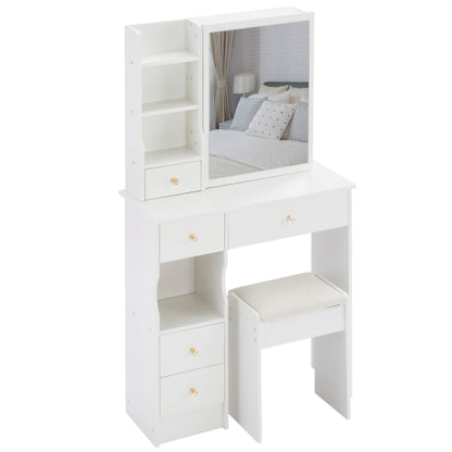 29.2" Small Space Left Drawer Desktop Vanity Table + Cushioned Stool, Extra Large Right sliding mirror, Multi Layer High Capacity Storage, Practical Fashionable Dresser, Suitable For Small Space