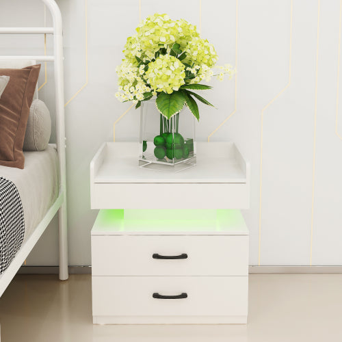 LED Nightstand with 2 Drawers and Adjustable Light Strip, Modern Bedside Storage Table