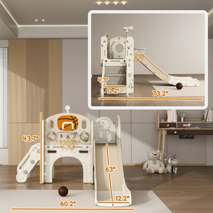 Qaba 7 in 1 Toddler Slide Playset Indoor Playground with Basketball Hoop Crawl Tunnel Cream White