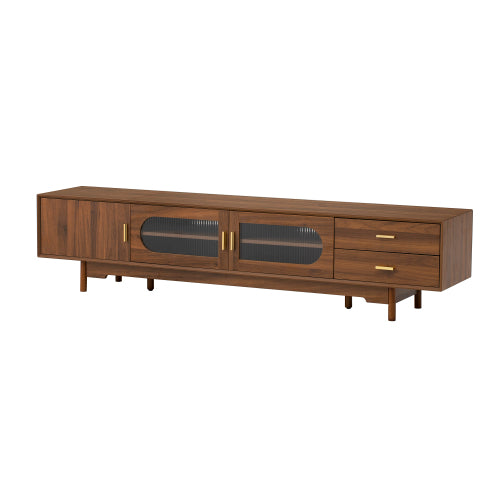 78.7 inch Walnut Fluted Glass Door TV Stand 2 Drawer Media Console Solid Wood Leg For 85 inch TV