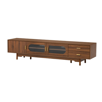 78.7 inch Walnut Fluted Glass Door TV Stand 2 Drawer Media Console Solid Wood Leg For 85 inch TV