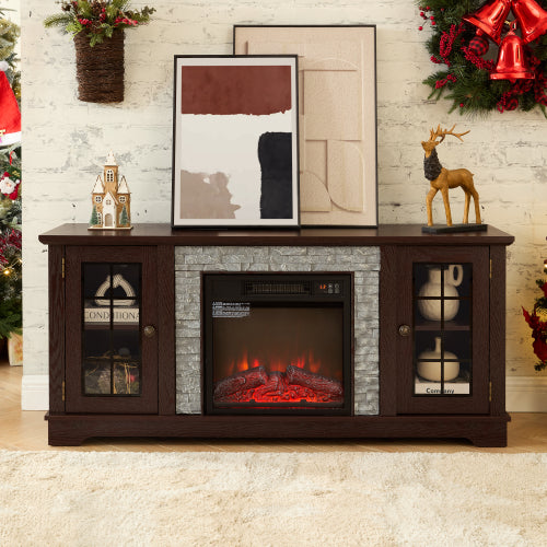 58 Inch White Faux Stone Electric Fireplace TV Stand 18 inch Heater Media Console Fits 65 Inch TV