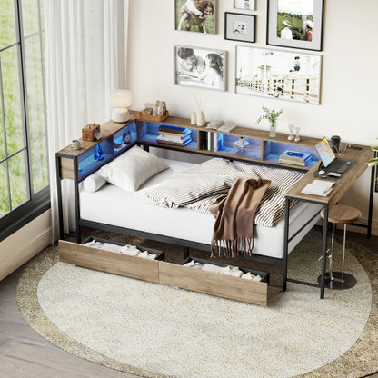 Corner Bed Frame Twin Size with Bookcase and 2 Underbed Storage Drawers, Modern Twin Bed with LED Light and Charging Station, Grey