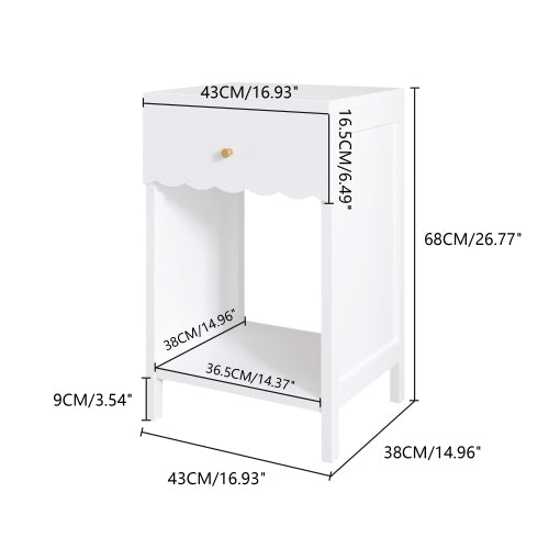 Modern White Nightstand with Drawer and Open Shelf,Scalloped Edge Bedside Table for Bedroom, Cute Minimalist Side Table for Kids Room or Girls' Room