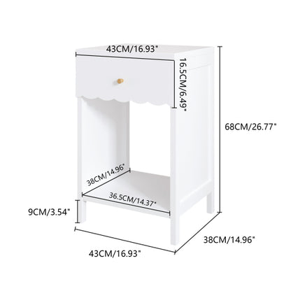 Modern White Nightstand with Drawer and Open Shelf,Scalloped Edge Bedside Table for Bedroom, Cute Minimalist Side Table for Kids Room or Girls' Room