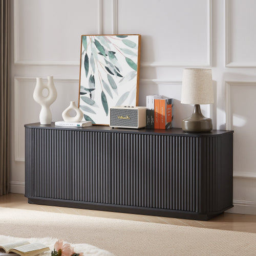 Black Wave Pattern Sideboard TV Stand 64 Inch Wide Storage Cabinet with Push to Open Doors