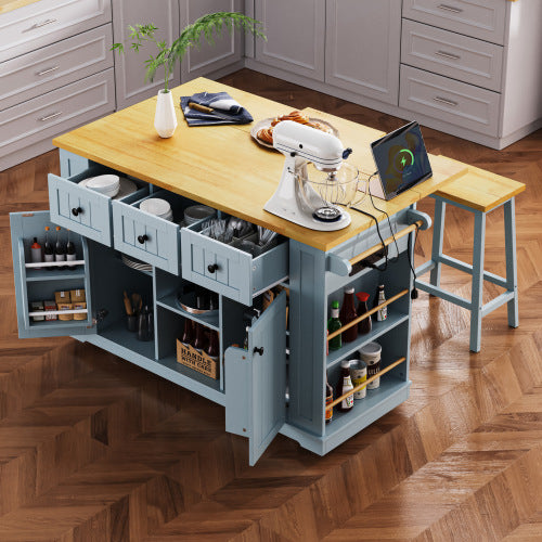53inch Large Kitchen Island with 2 Bar Stools,Power Outlet,Door Internal Storage Rack,Kitchen Storage Cart on 5 Wheels with Drop Leaf,5 Open Side Racks,3 Drawers,Grey Blue (Three Packages)