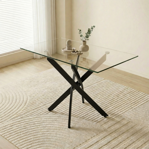 47-Inch Glass Dining Table with Black Legs for Modern Home