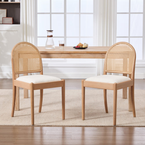 Set of 2 Beige Rattan Back Linen Dining Chairs, Solid Wood Leg Teddy Cushion 275lbs Capacity