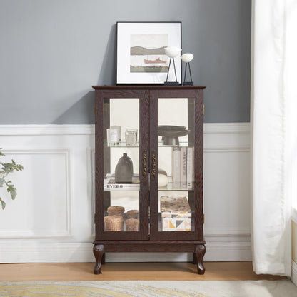 Cherry Lighted Tempered Glass Curio Cabinet Mirrored Back Panel Adjustable Shelf Vintage Metal Handle Home Display Cabinet