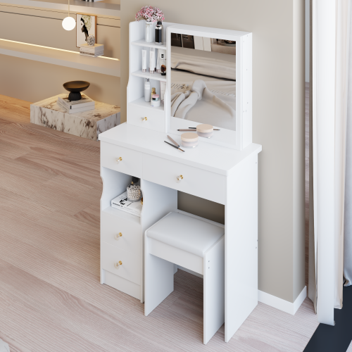 29.2" Small Size Left Drawer Desktop Vanity Table + Cushioned Stool, Extra Large Right sliding mirror, Multi Layer High Capacity Storage, Practical Fashionable Dresser, Suitable For Small Space