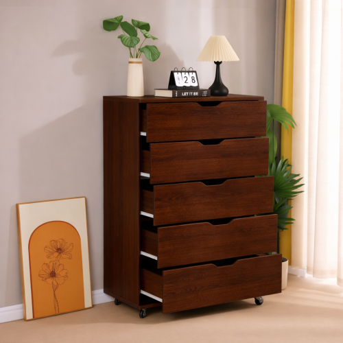 5 Drawer Dresser on Wheels Dark Brown Rolling Chest of Drawers Mobile Storage Cabinet for Bedroom Closet, Wide Drawer Organizer, 30.71" W x 15.75" D x 44.49" H