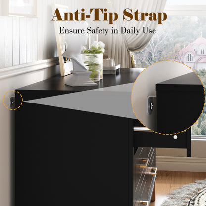 6 Drawer Double Dresser Modern Black Storage Cabinet with Metal Handles Solid Wood Legs