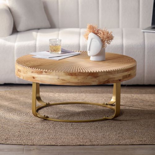 Round Wood Coffee Table Gold Metal Legs Carved Pine Accent Living Room Table