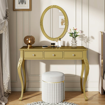 Gold Luxury Oval Mirror Vanity Desk, 41.0 inch *17.5 inch  Tabletop, 3 Drawers, Decorative Console for Entryway & Bedroom