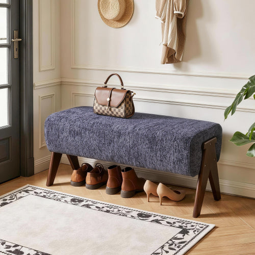 Chenille Upholstered Bench with Solid Wood Legs, Entryway Ottoman
