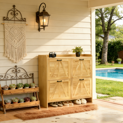 Light Oak Rustic Barn-Door Shoe Cabinet with 4 Flip Drawers, Sleek Space-Saving Entryway Organizer for Living Room