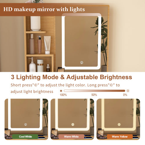 Vanity Table with LED-Illuminated Mirror, Power Outlet, Hairdryer Holder & Stool ¨C Compact Dressing Desk for Small Bedrooms(Wood)