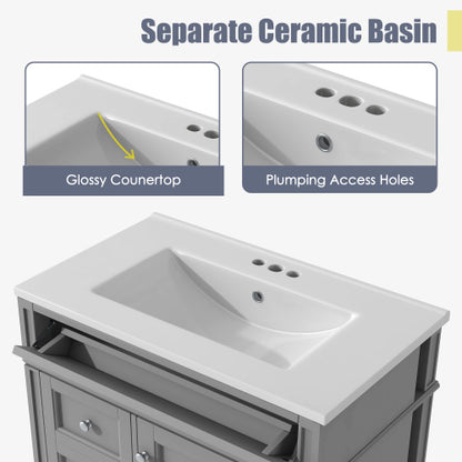 30'' Bathroom Vanity with Top Sink, Modern Bathroom Storage Cabinet with 2 Drawers and a Tip-out Drawer, Single Sink Bathroom Vanity