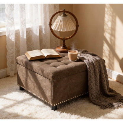 Dark Brown Tufted Square Storage Ottoman with Nailhead Trim, Upholstered Accent Foot Stool