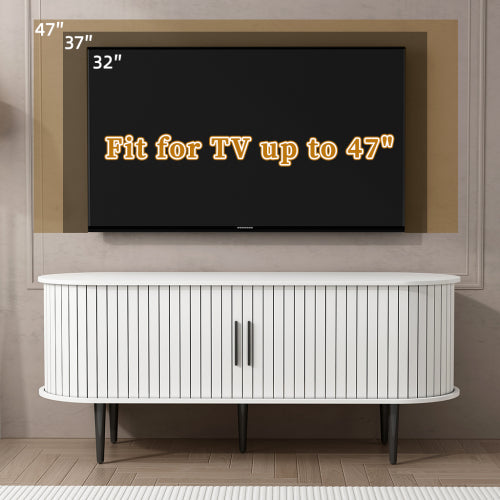 47 Inch White Mid-Century Media Console Fluted Sliding Door MDF TV Stand with Metal Support Legs
