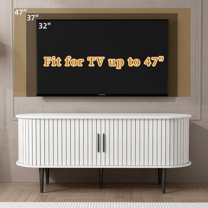 47 Inch White Mid-Century Media Console Fluted Sliding Door MDF TV Stand with Metal Support Legs